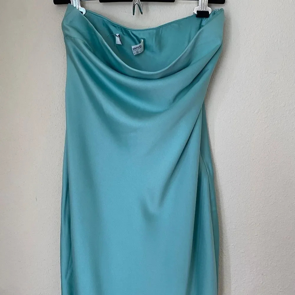 HOUSE OF CB 'Alette' Jade Satin Teal Strapless Maxi Dress NWOT size L - Picture 4 of 14